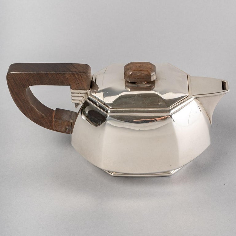 1930 Puiforcat - Tea And Coffee Set In Sterling Silver And Rosewood For Sale 1