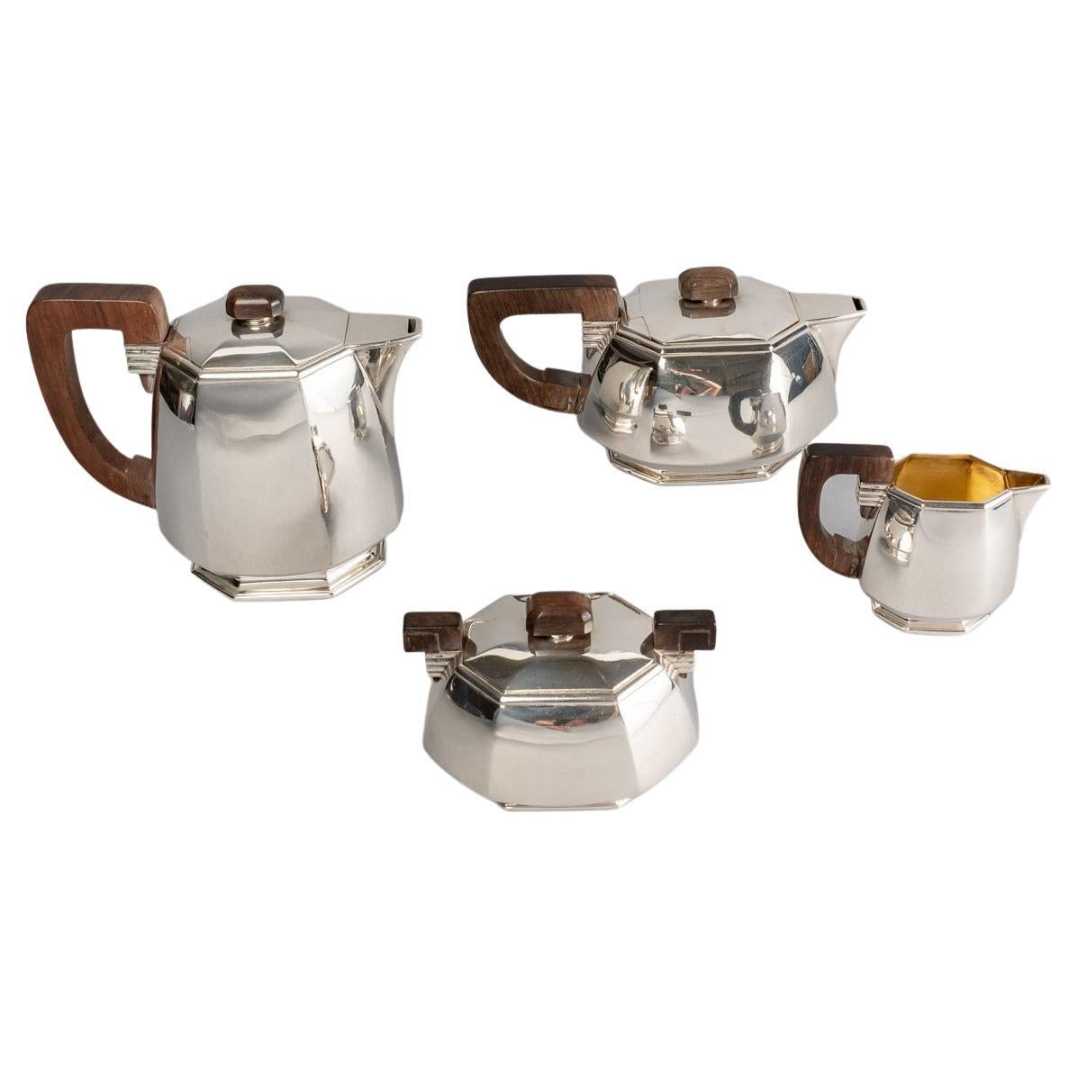 1930 Jean E Puiforcat Art Deco Modernist Tea Coffee Set Sterling Silver Rosewood For Sale