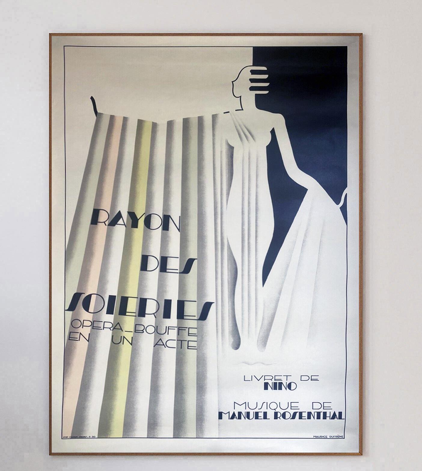 Truly beautiful poster for the Rayon Des Soieries opera at the Théâtre National de l'Opéra-Comique in Paris, France. The opera was composed by Manuael Rosenthal and the librettist was Nino for the 1930 event. The stunning art deco artwork was