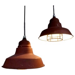 1930 Red Painted Industrial Pendants with Cages