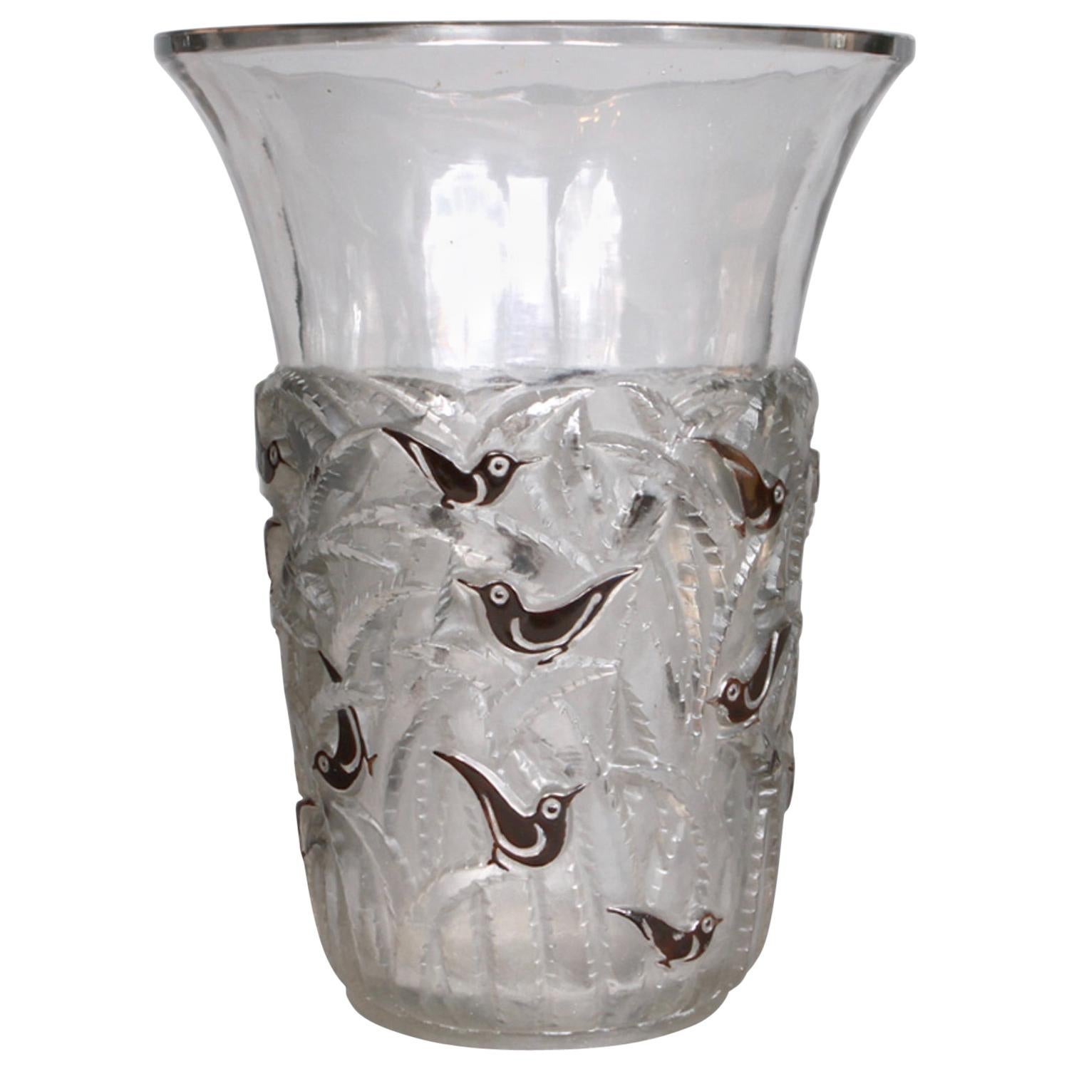 1930 Rene Lalique Borneo Vase in Glass with Shinny Original Brown Enamel