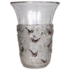 1930 Rene Lalique Borneo Vase in Glass with Shinny Original Brown Enamel