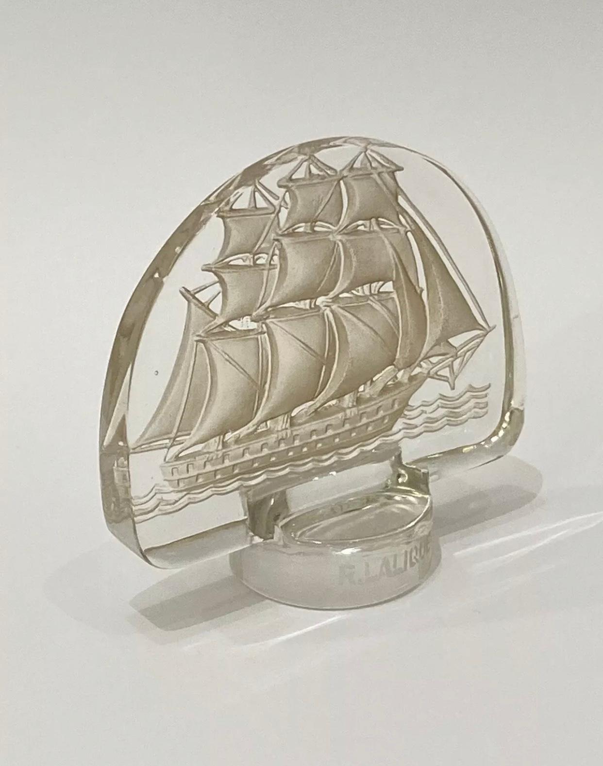 Art Deco 1930 René Lalique Caravelle Seal Clear Glass Sepia Patina, Ship Boat