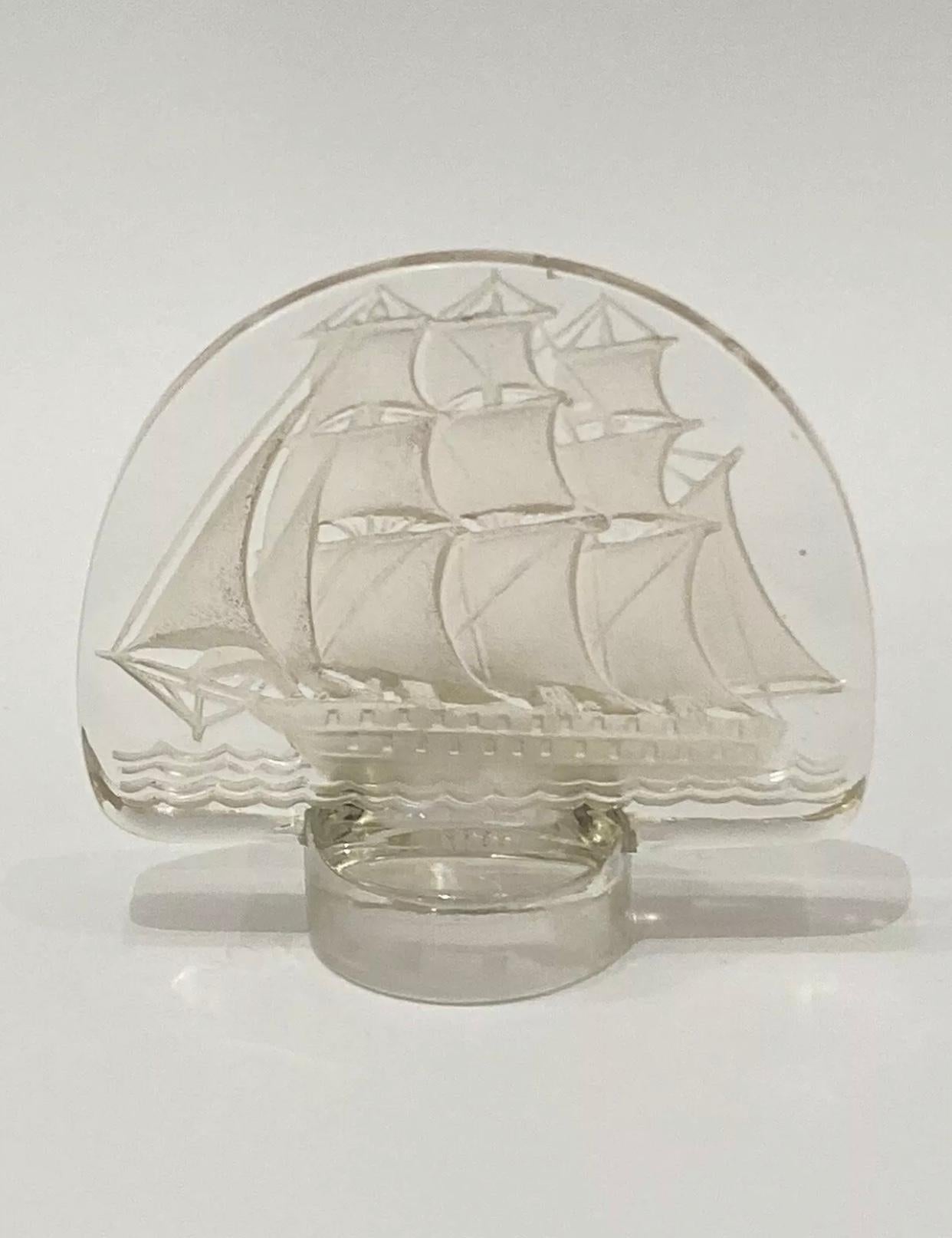 French 1930 René Lalique Caravelle Seal Clear Glass Sepia Patina, Ship Boat