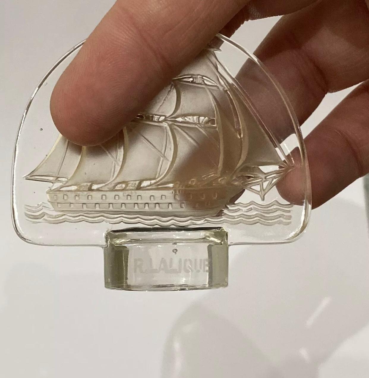 Molded 1930 René Lalique Caravelle Seal Clear Glass Sepia Patina, Ship Boat