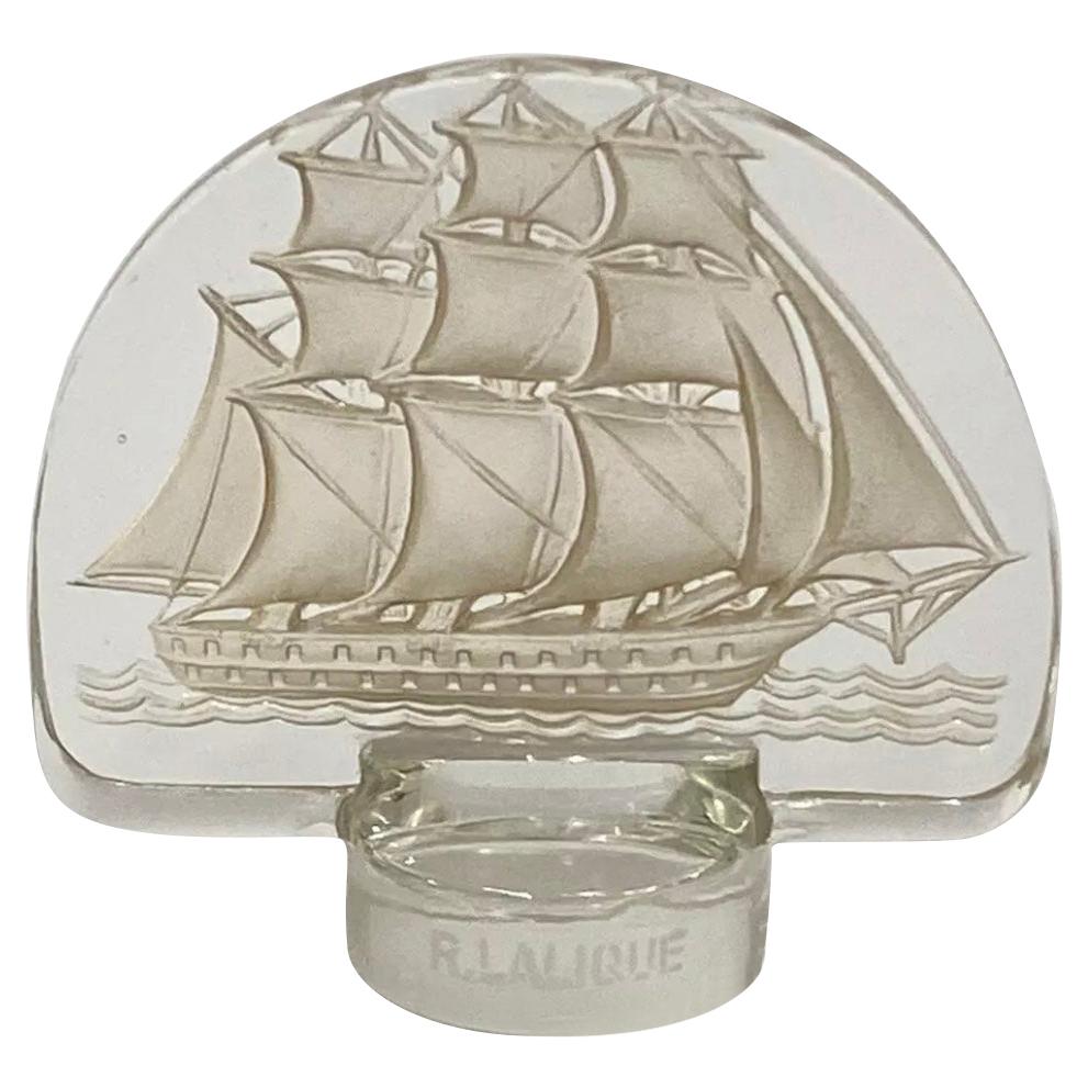 1930 René Lalique Caravelle Seal Clear Glass Sepia Patina, Ship Boat