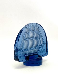 1930 René Lalique Caravelle Seal Navy Blue Glass, Ship Boat