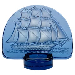 1930 René Lalique Caravelle Seal Navy Blue Glass, Ship Boat