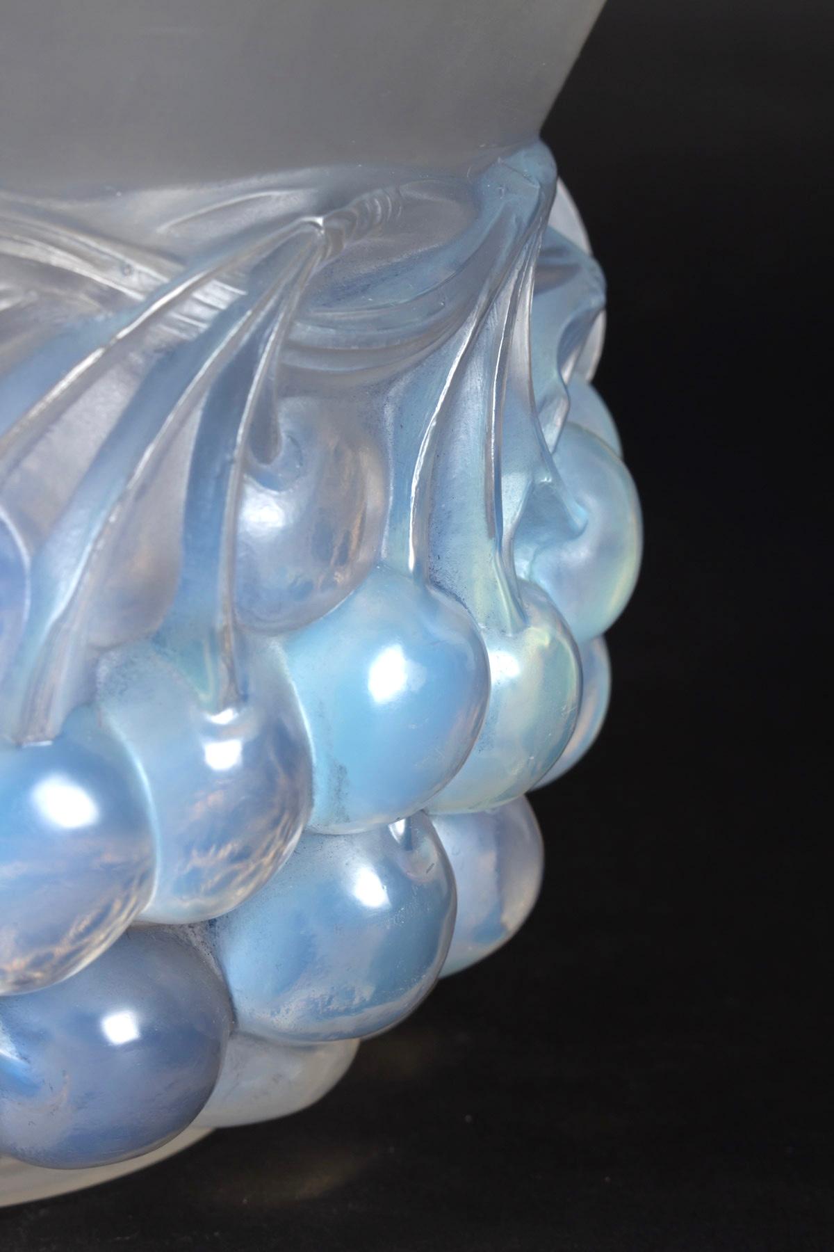 French 1930 René Lalique Cerises Vase in Opalescent Glass with Blue Patina Cherries