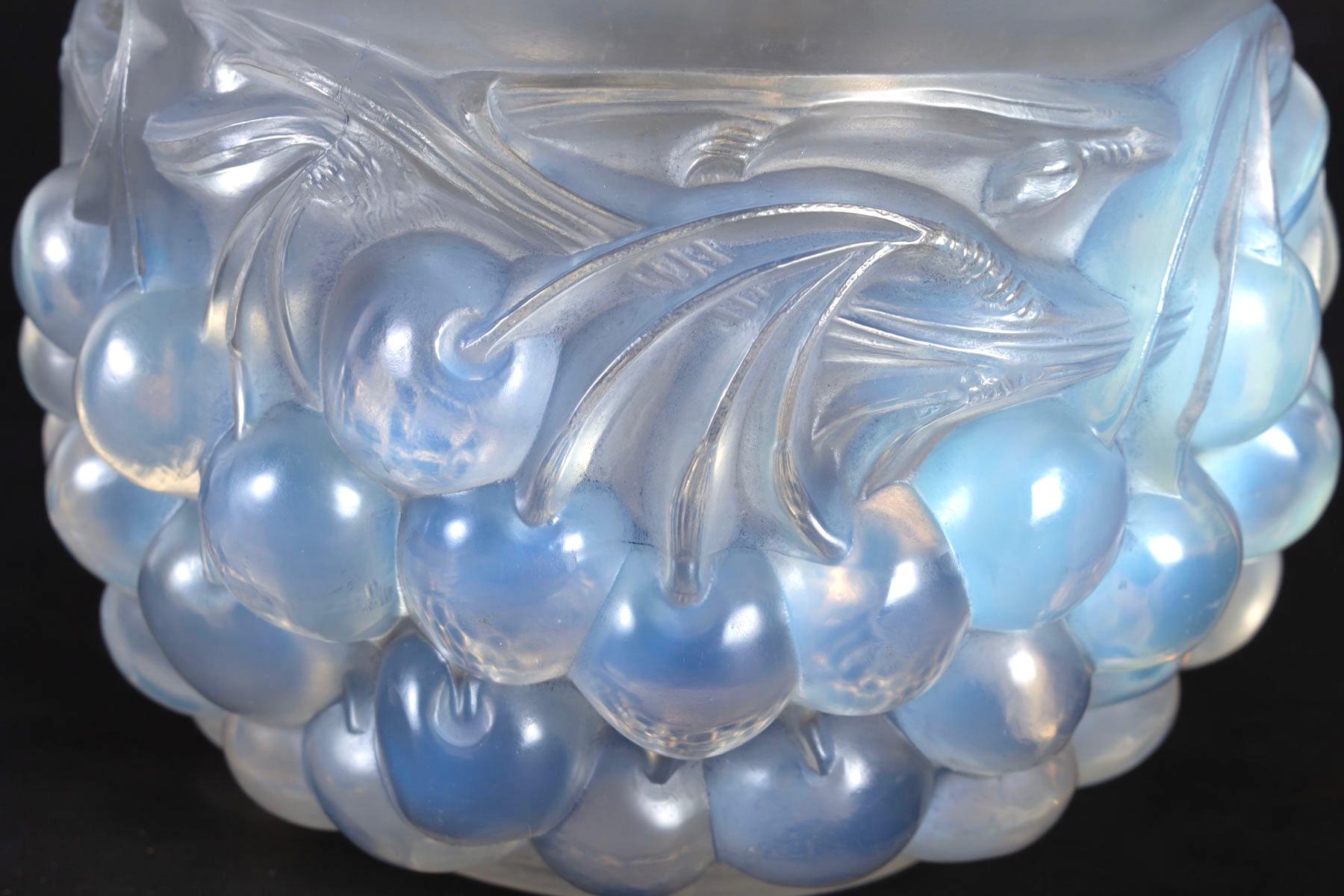 Molded 1930 René Lalique Cerises Vase in Opalescent Glass with Blue Patina Cherries