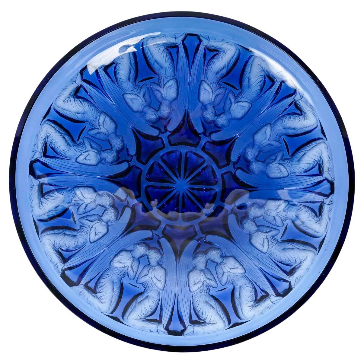 1930 René Lalique Coupe Bowl Anges Angels Navy Blue Glass