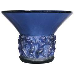 1930 René Lalique Farandole Vase in Navy Blue Glass White Patina, Cherubs
