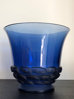 1930 Rene Lalique Monaco Vase in Blue Glass, Fishes Design