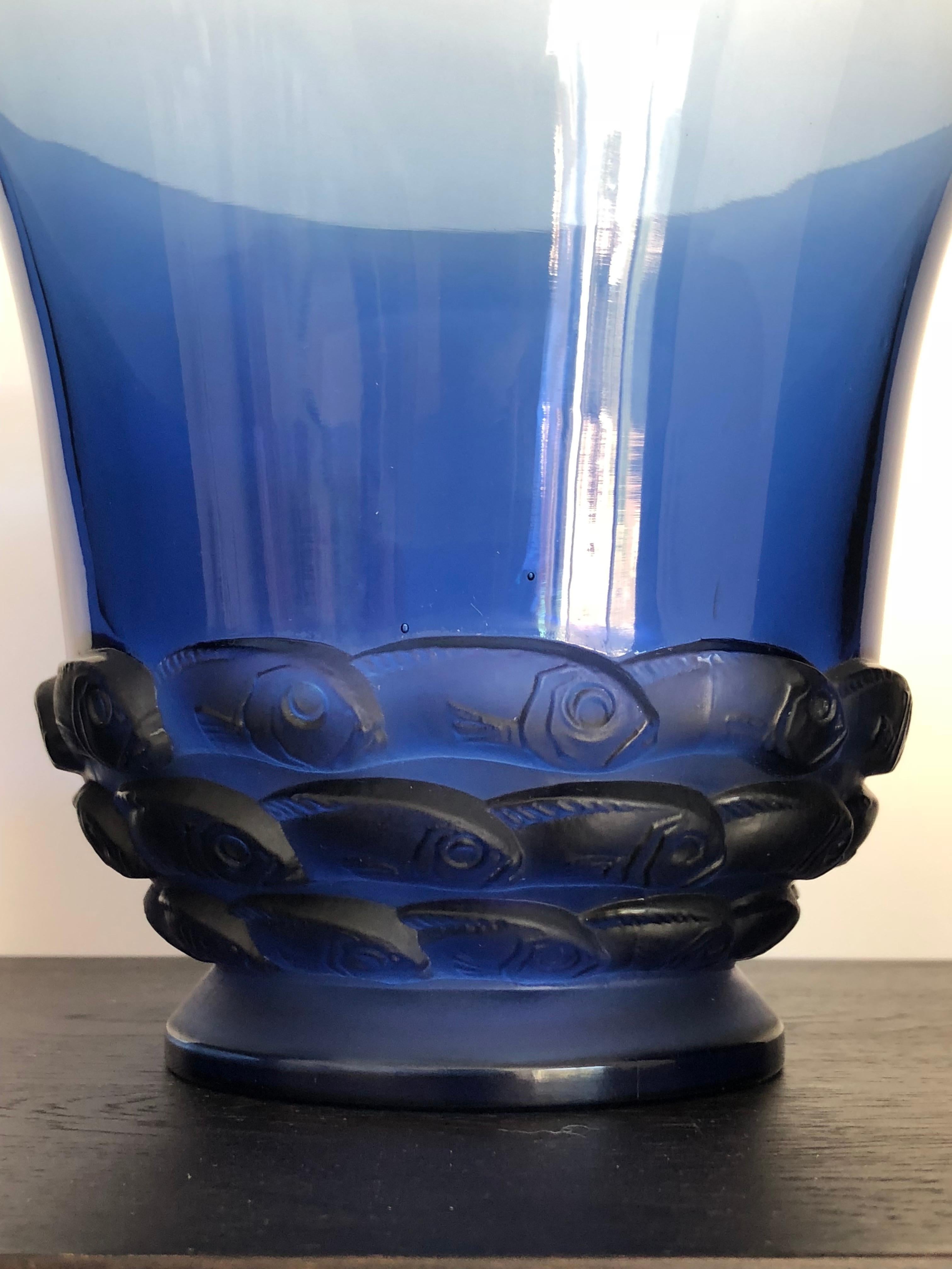 Art Deco 1930 Rene Lalique Monaco Vase in Blue Glass, Fishes Design