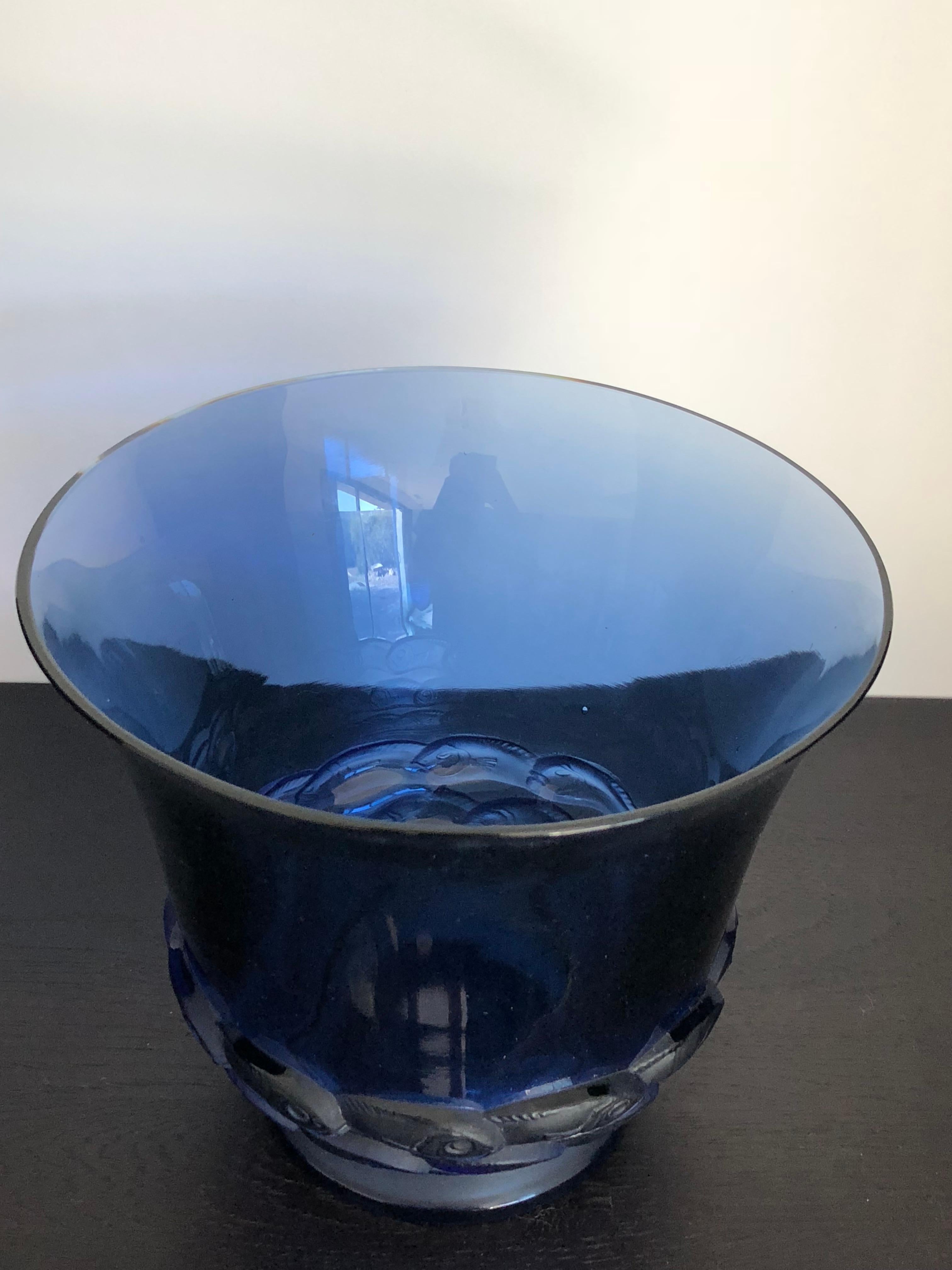 Molded 1930 Rene Lalique Monaco Vase in Blue Glass, Fishes Design