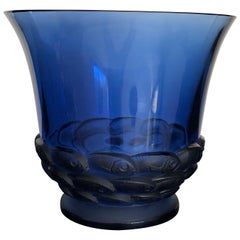 1930 Rene Lalique Monaco Vase in Blue Glass, Fishes Design
