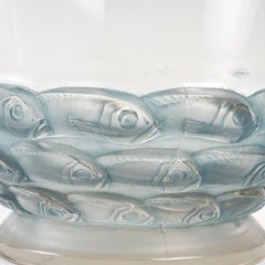 Vase Monaco Rene Lalique de 1930 en verre transparent et dépoli avec patine bleue, poissons