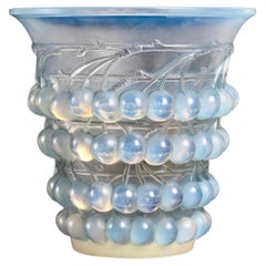 1930 René Lalique Montmorency Vase in Opalescent Glass with Blue Patina Cherries
