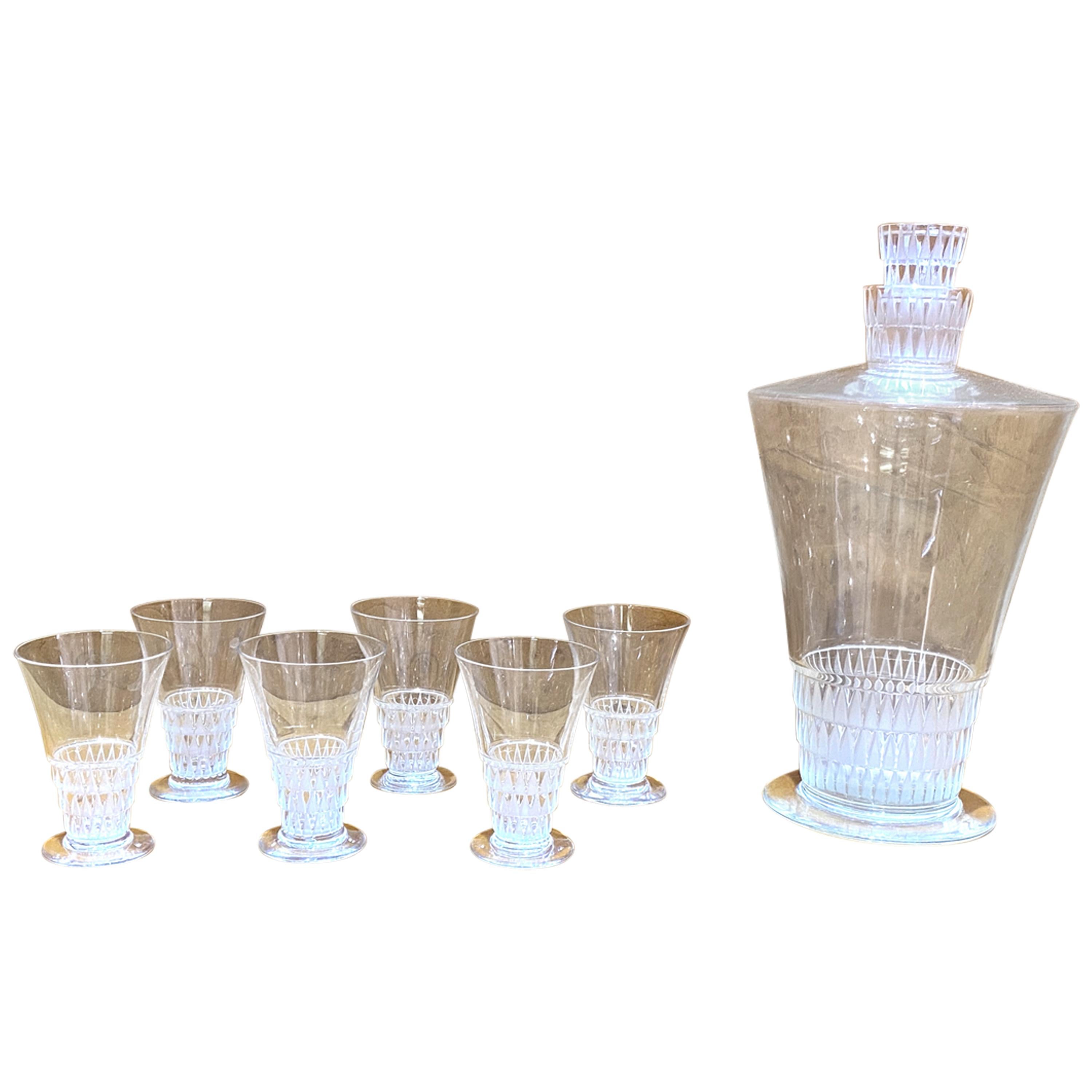 1930 René Lalique Original Bourgueil Liquor Set of 7 Pieces 6 Glasses 1 Decanter