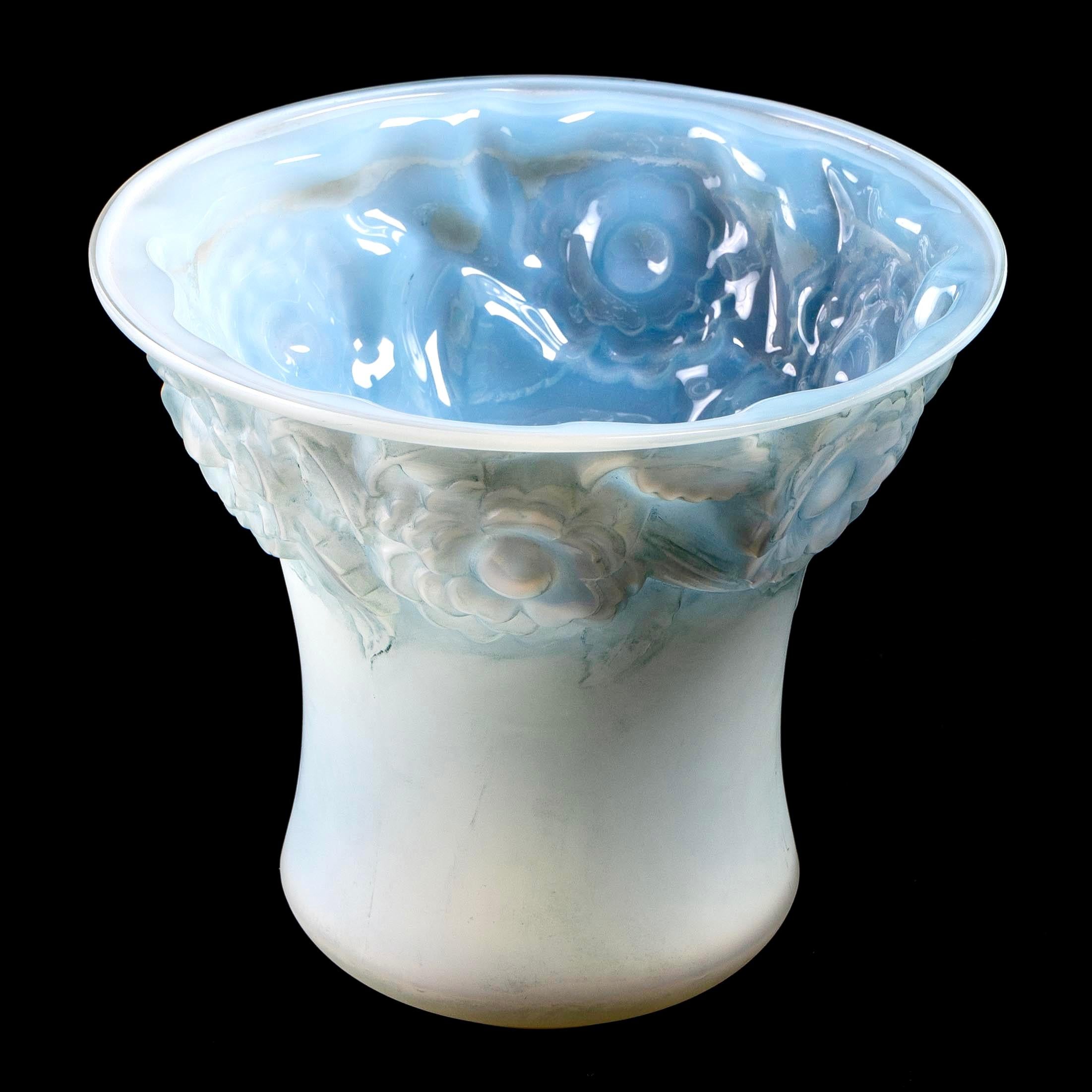 Art Deco 1930 René Lalique Orleans Vase in Double Cased Opalescent Glass with Blue Patina