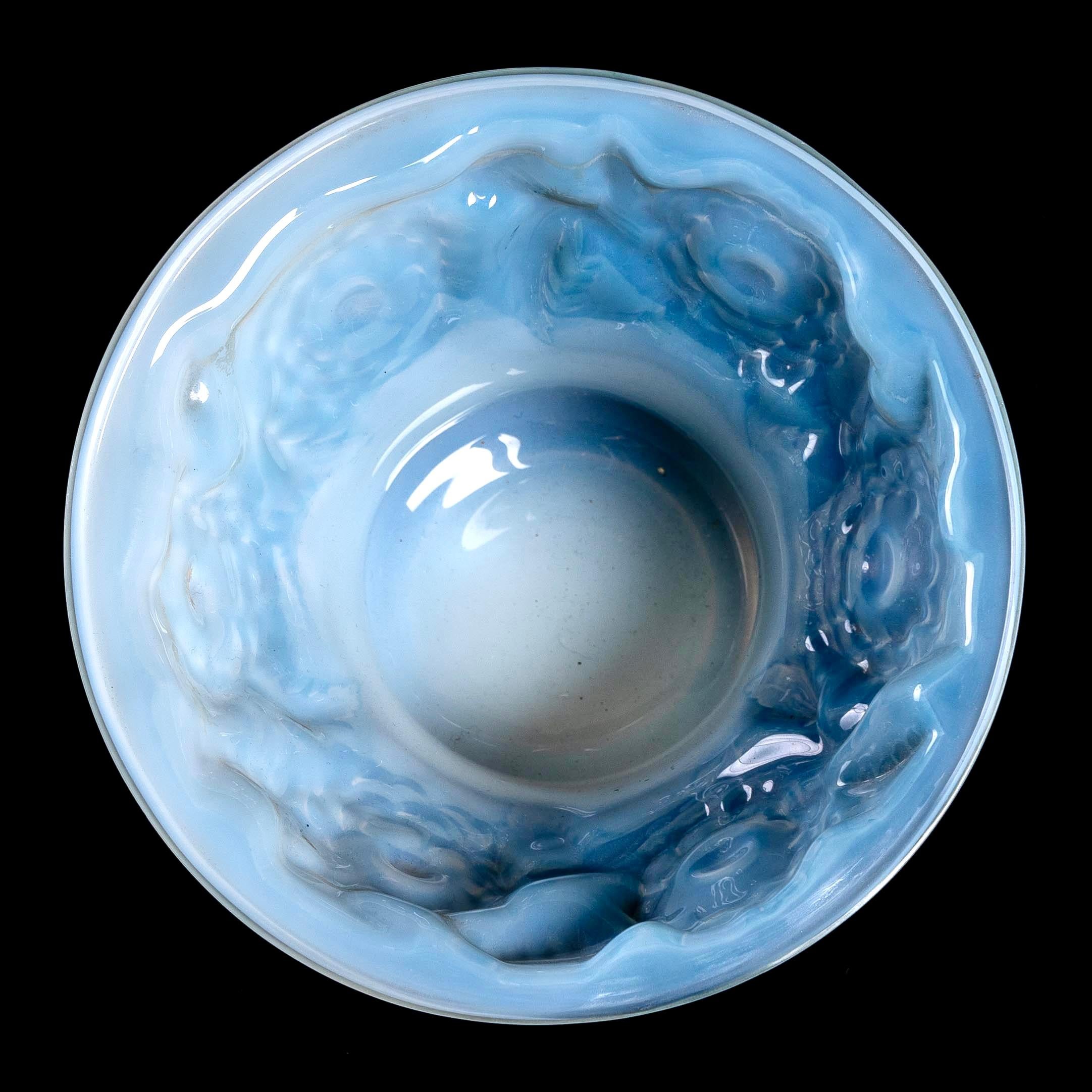 French 1930 René Lalique Orleans Vase in Double Cased Opalescent Glass with Blue Patina