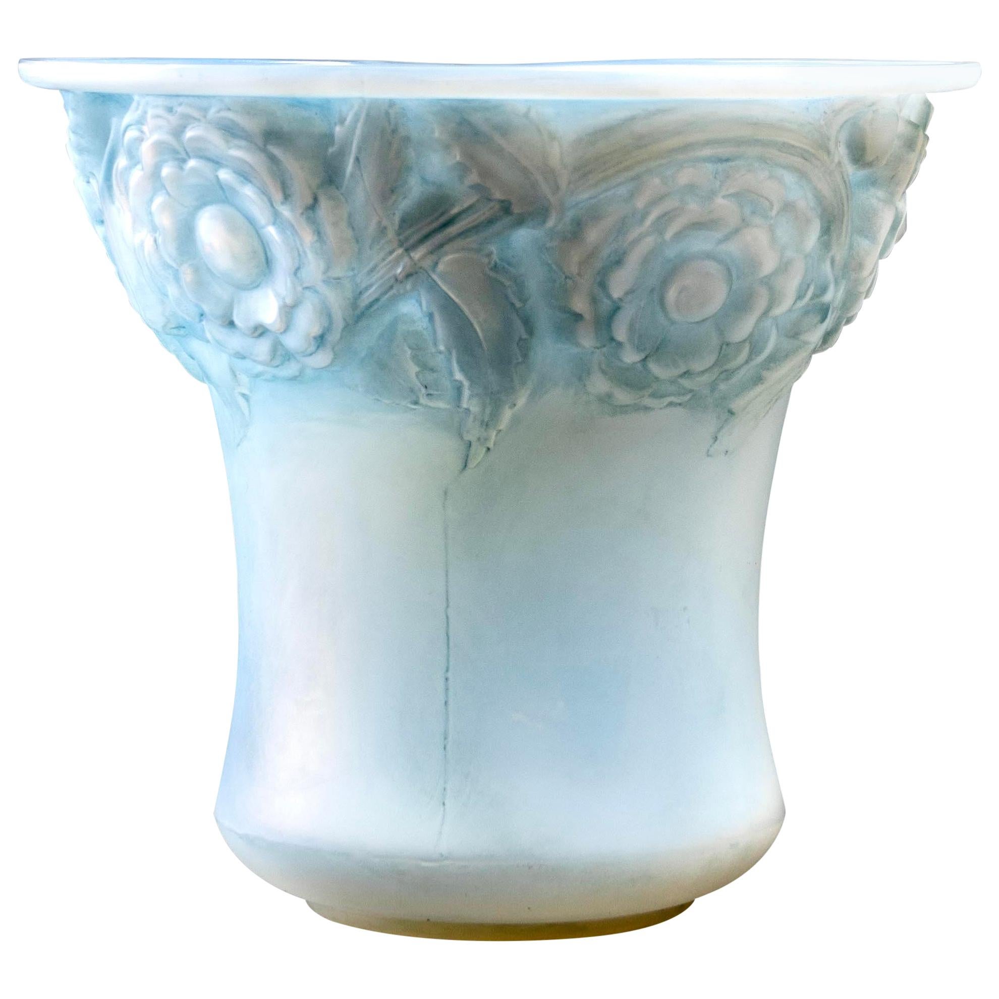 1930 René Lalique Orleans Vase in Double Cased Opalescent Glass with Blue Patina