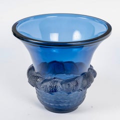 1930 René Lalique Piriac Vase in Clear & Frosted Glass with Blue & Sepia Patina