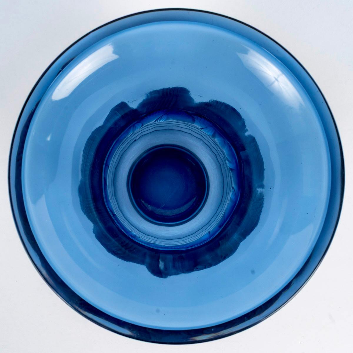 Molded 1930 René Lalique Piriac Vase in Clear & Frosted Glass with Blue & Sepia Patina For Sale
