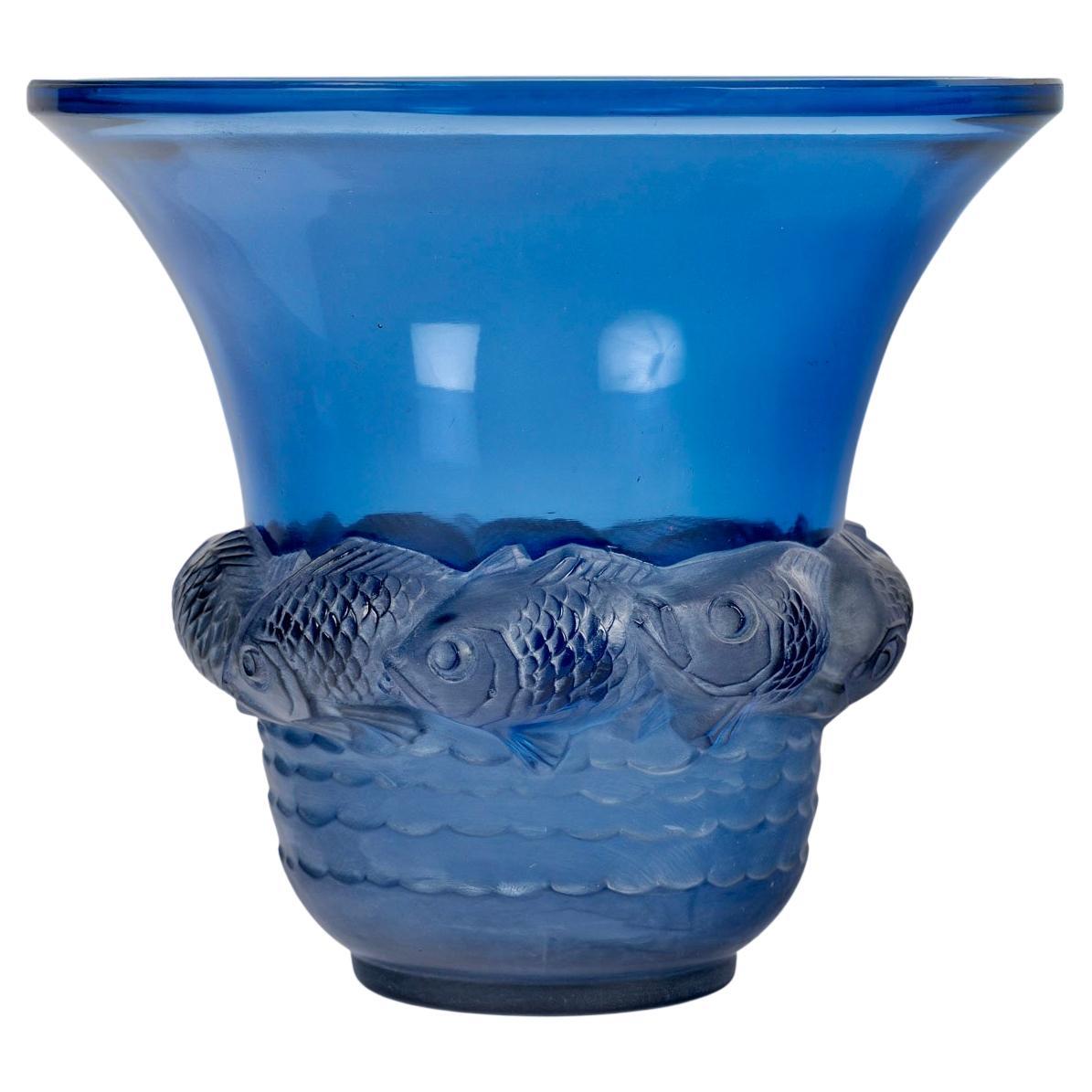 1930 René Lalique Piriac Vase in Clear & Frosted Glass with Blue & Sepia Patina For Sale