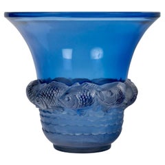 1930 René Lalique Piriac Vase in Clear & Frosted Glass with Blue & Sepia Patina
