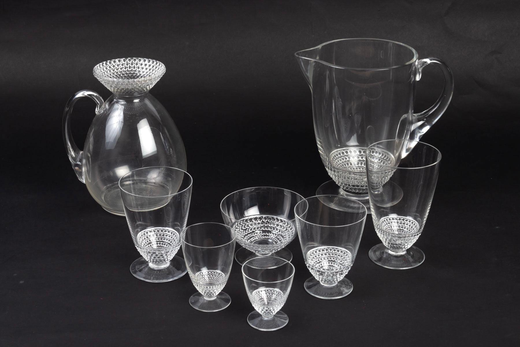 French 1930 René Lalique Set of 62 Pieces Nippon, 60 Glasses, 1 Pitcher, 1 Decanter