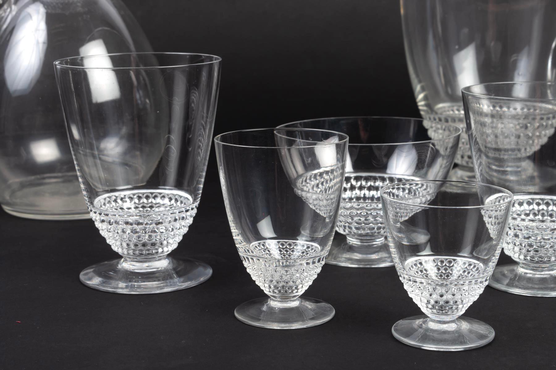 Molded 1930 René Lalique Set of 62 Pieces Nippon, 60 Glasses, 1 Pitcher, 1 Decanter