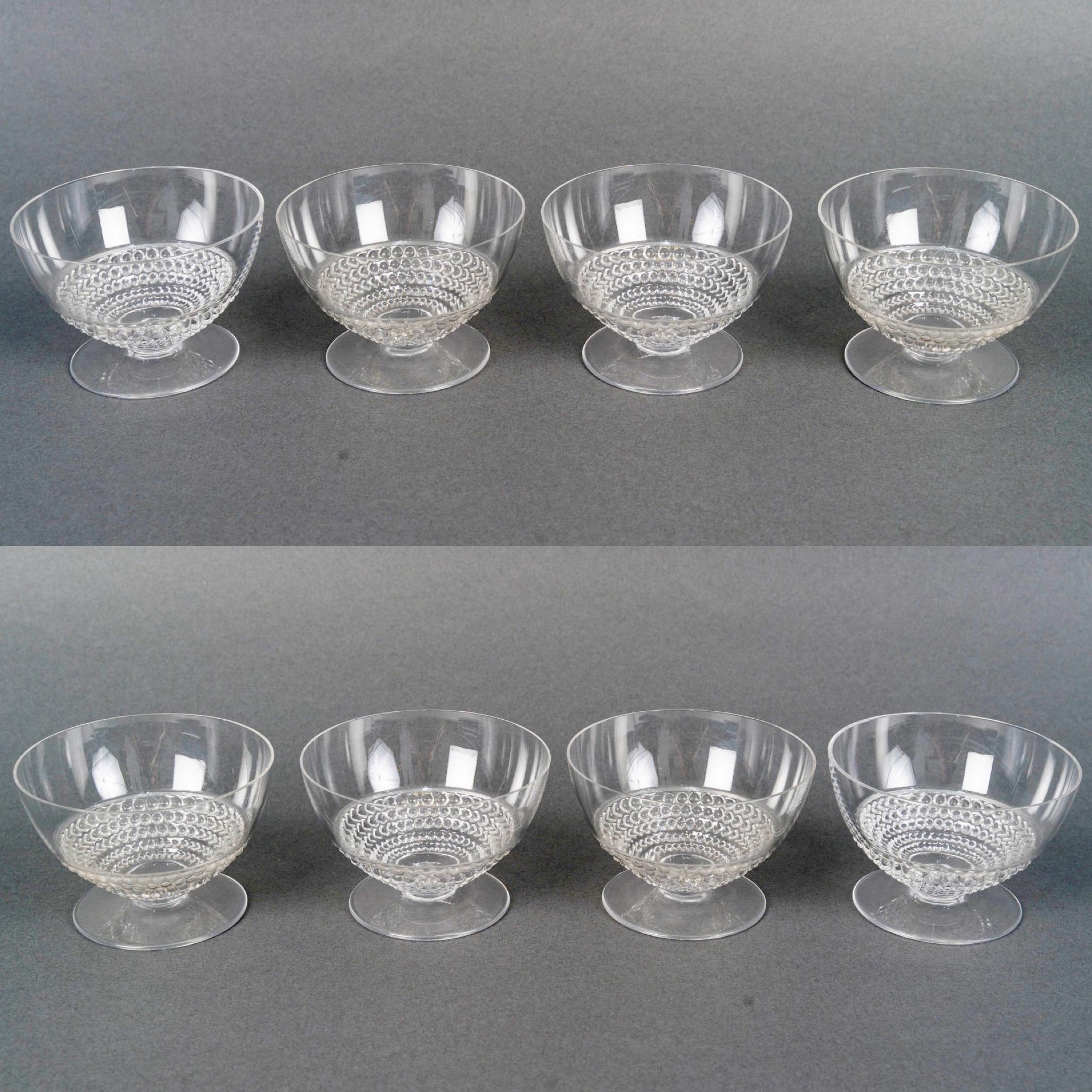 1930 René Lalique Juego de 8 copas de champán Nippon Copa Art Decó en venta