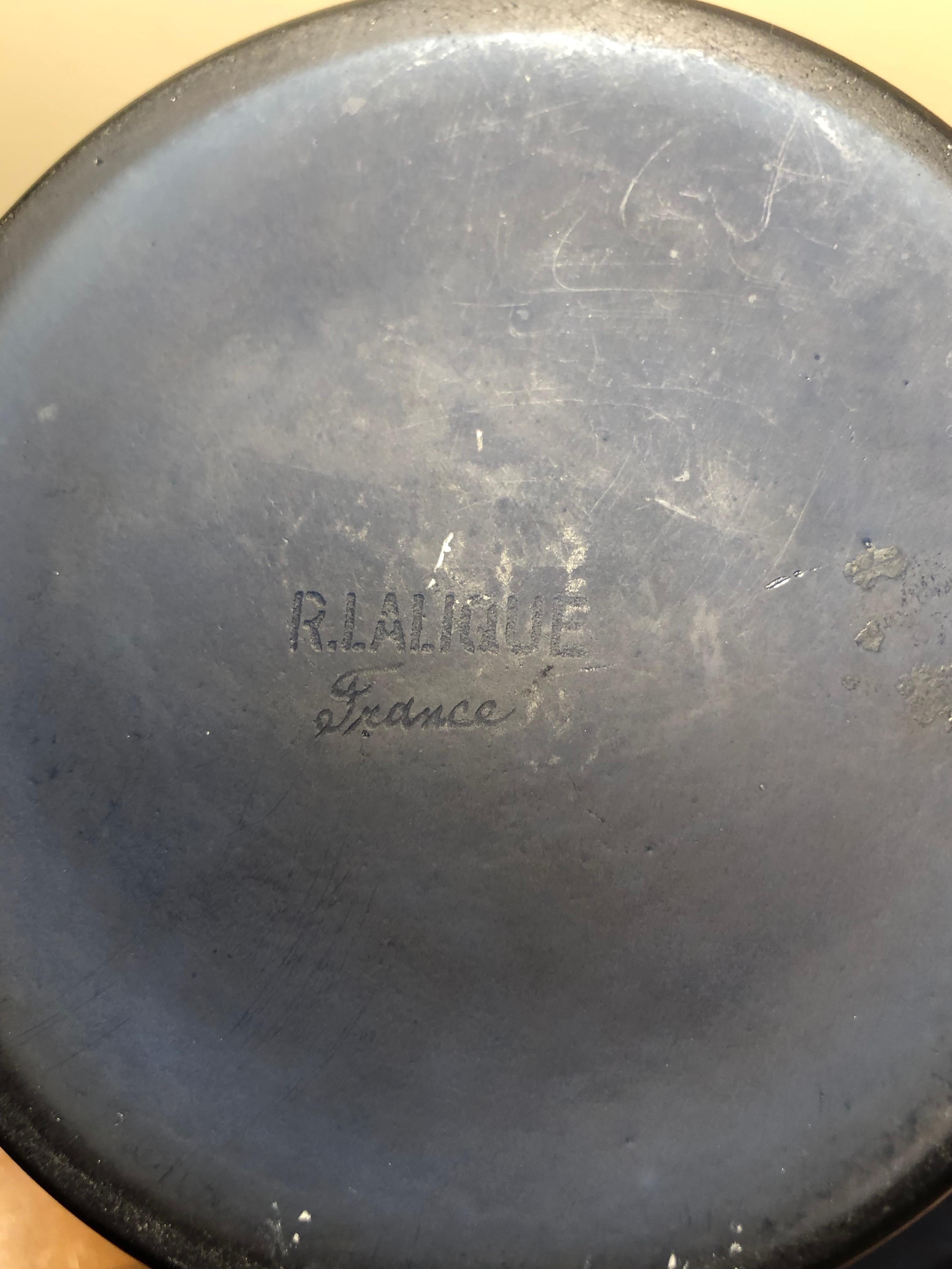 Molded 1930 René Lalique Soucis Vase in Dark Blue Glass - Flowers