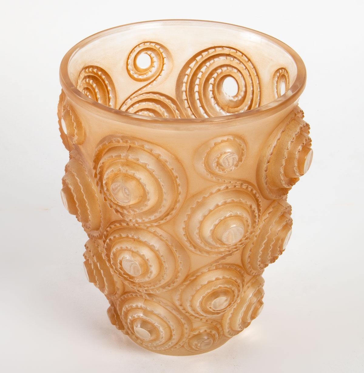 French 1930 René Lalique Spirales Vase in Glass with Sepia Patina Art Deco