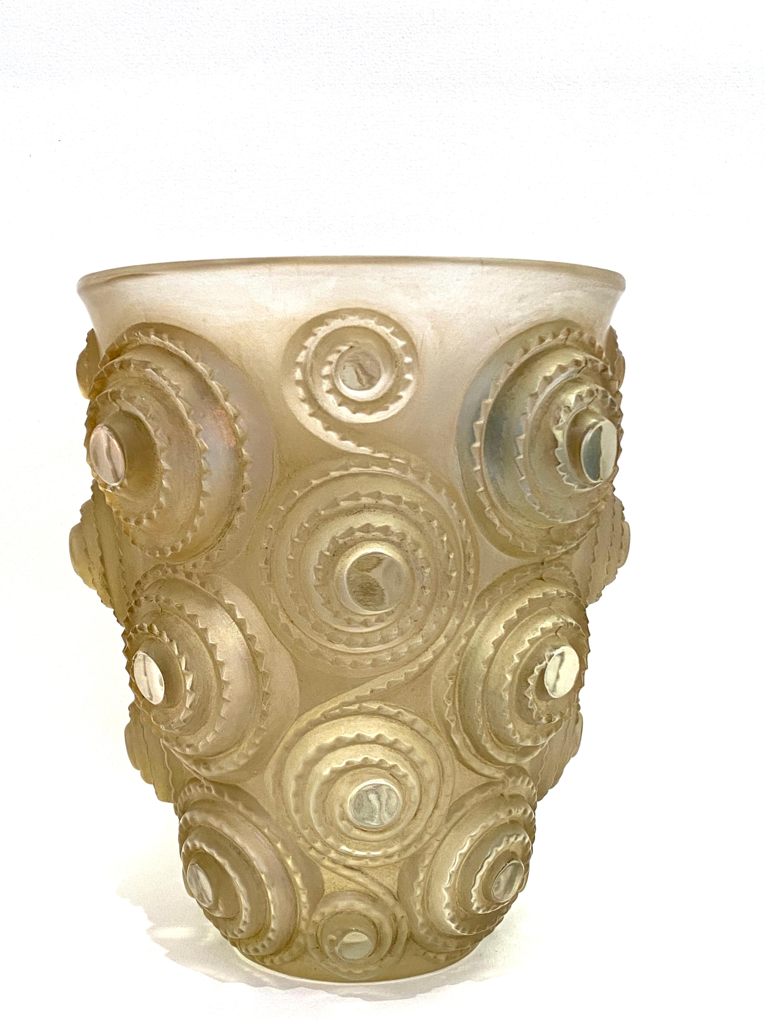 Molded 1930 René Lalique Spirales Vase in Glass with Sepia Patina Art Deco