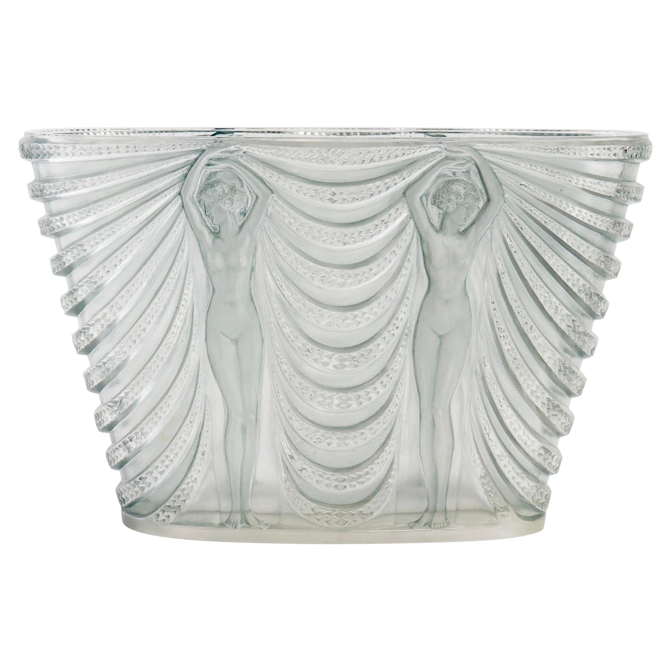 1930 René Lalique Terpsichore Vase in Frosted Glass with Blue Patina