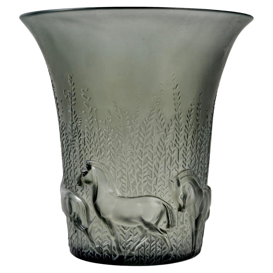 1930 Rene Lalique Vase Chevaux Horses Grey Glass with White Patina