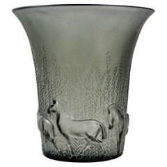 1930 Rene Lalique Vase Chevaux Horses Grey Glass with White Patina