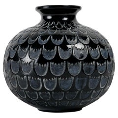 1930 Rene Lalique Vase Grenade Black Glass with White Patina