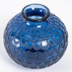 1930 René Lalique, Vase Grenade Navy Blue Glass with Grey Patina