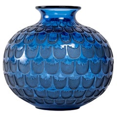 1930 René Lalique, Vase Grenade Navy Blue Glass with Grey Patina