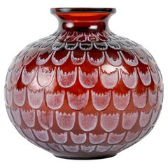 Used 1930 Rene Lalique Vase Grenade Red Amber Glass with White Patina