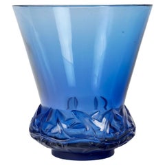 1930 René Lalique Jarrón Lierre Vidrio Azul Marino, Hiedra