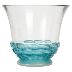 1930 Rene Lalique Vase Monaco Glass with Blue Patina, Fishes