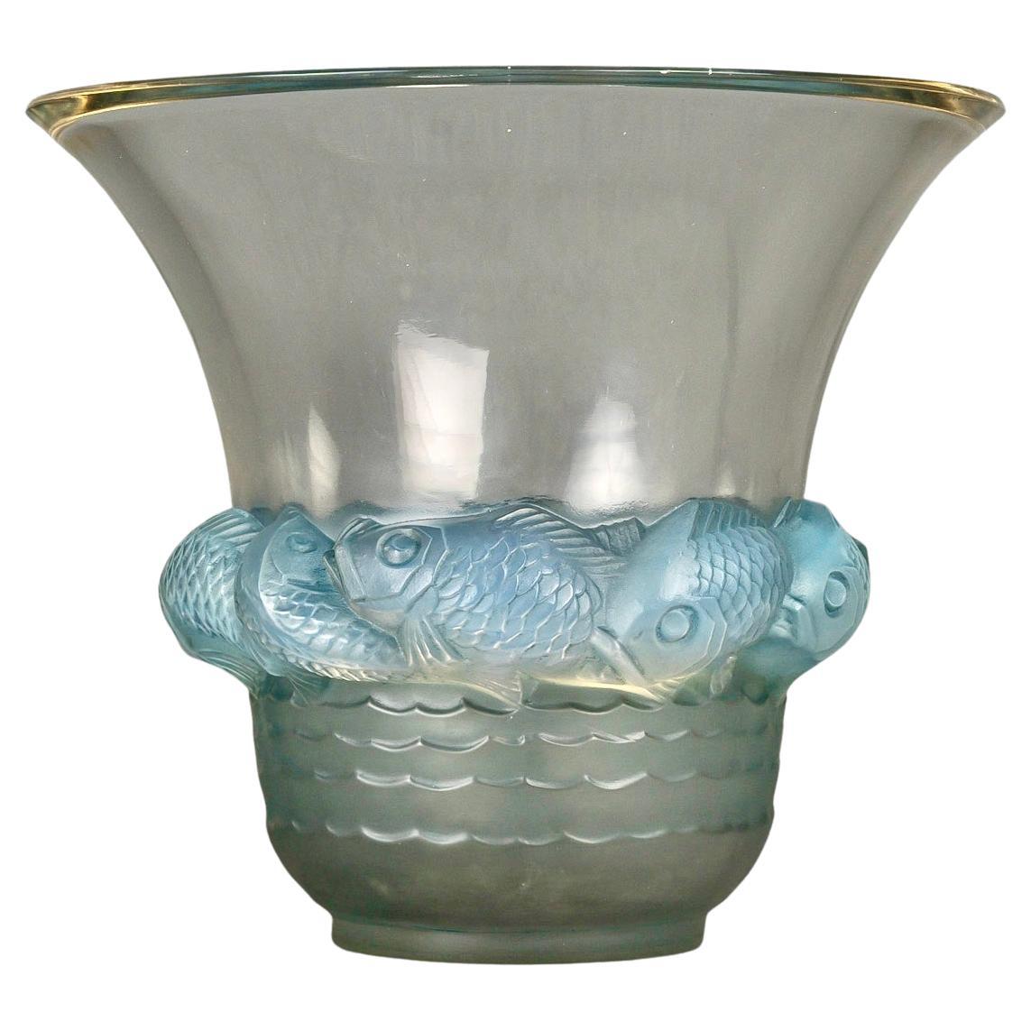 1930 René Lalique Vase Piriac Opalescent Glass with Blue Patina