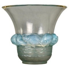 1930 René Lalique Vase Piriac Opalescent Glass with Blue Patina