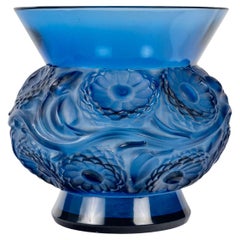 1930 René Lalique Vase Soucis Navy Blue Glass with White Patina - Flowers