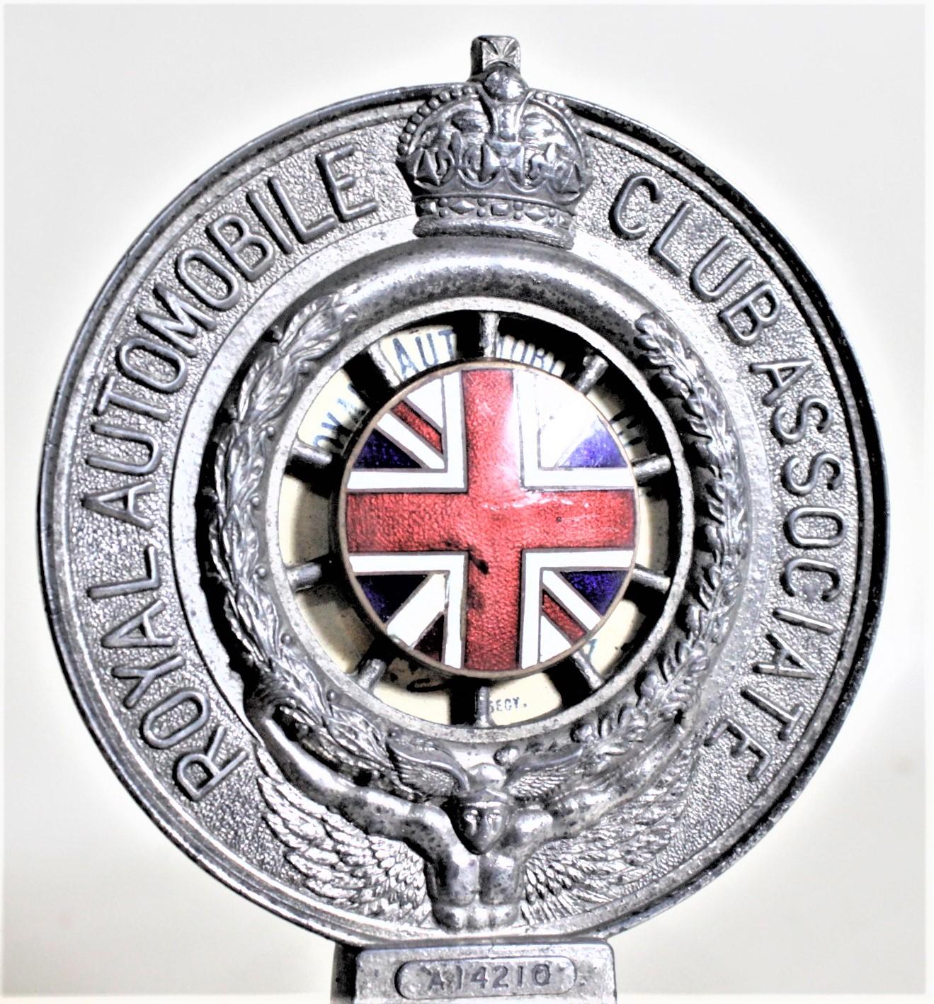 Cast 1930 Royal Automobile Club Associate British Enameled Radiator Cap Car Badge For Sale