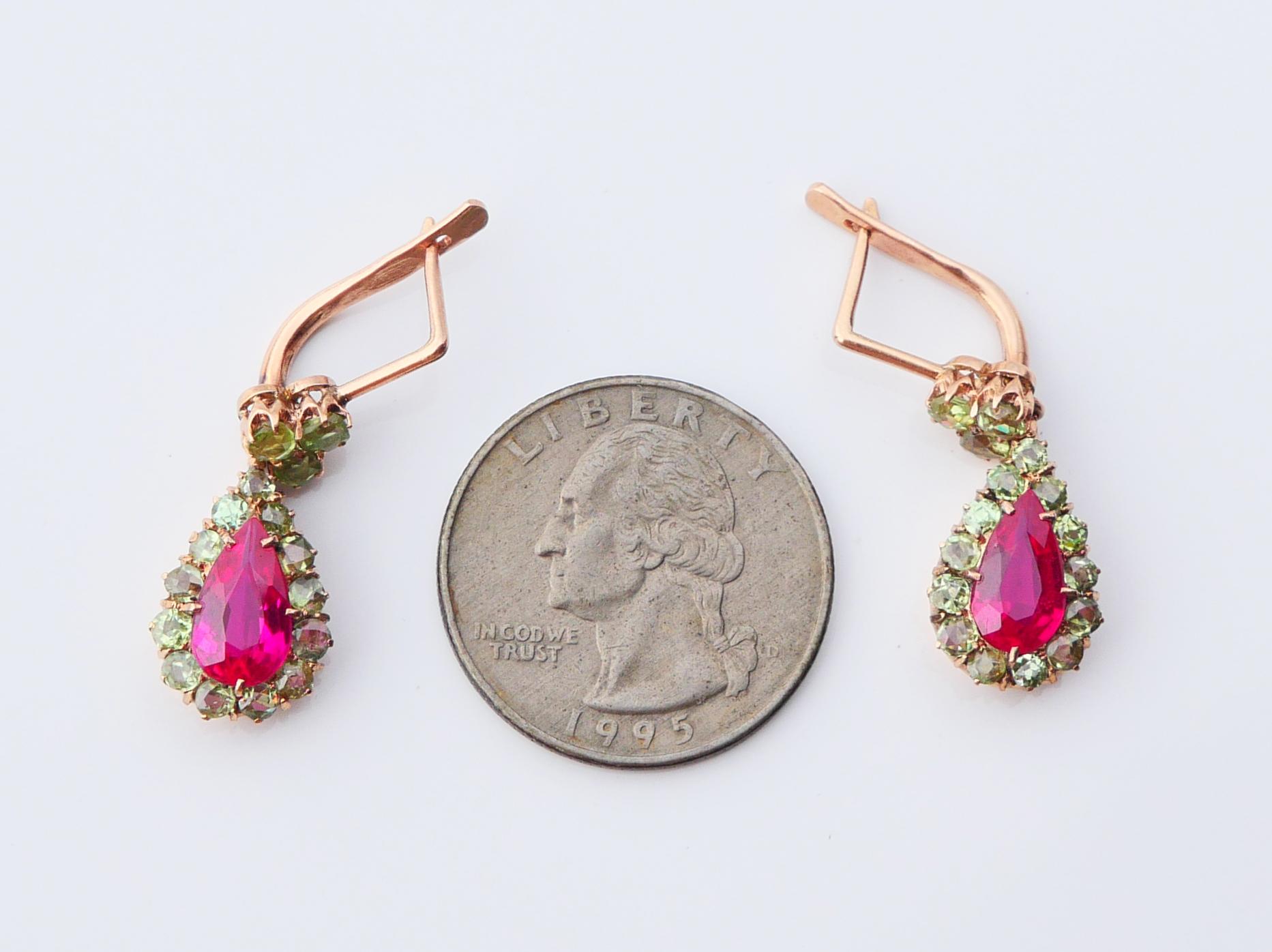1930 Boucles d'oreilles russes Rubis 3.3 ctw Démantoïde de l'Oural massif 14K Or Rose / 5.4 gr en vente 7